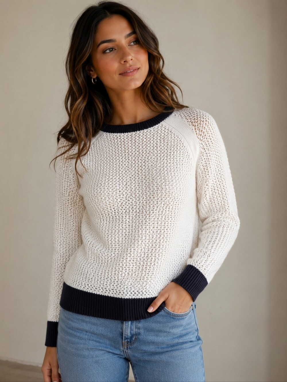 Michael Kors Cream Knit Scoop Neck Sweater with Black Trim